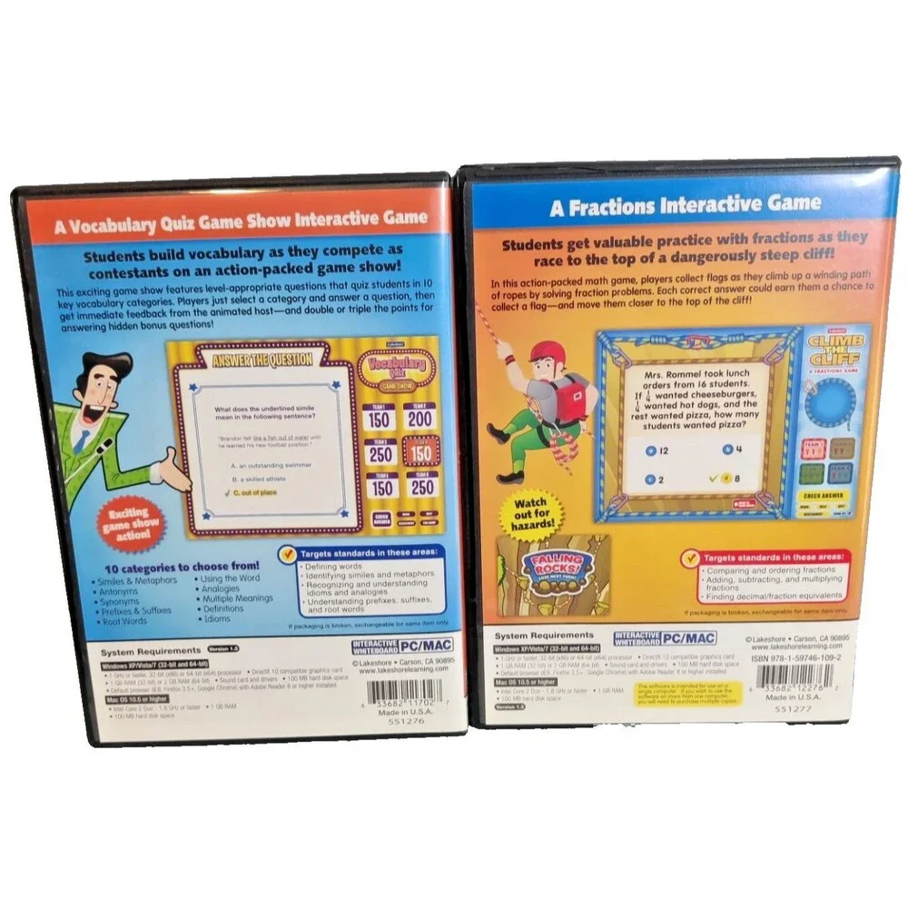 Lakeshore Education Lot of 2 Vocabulary Quiz,Fractions PC/MAC -2 Software Games